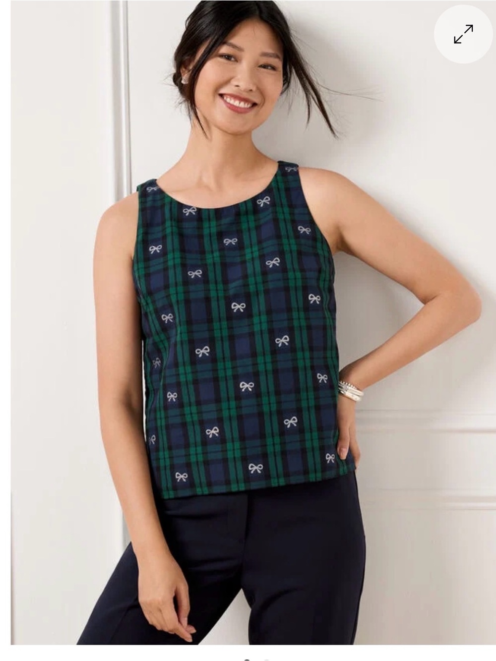 Talbots Navy and Green Plaid Metallic Bow Black Watch Shell